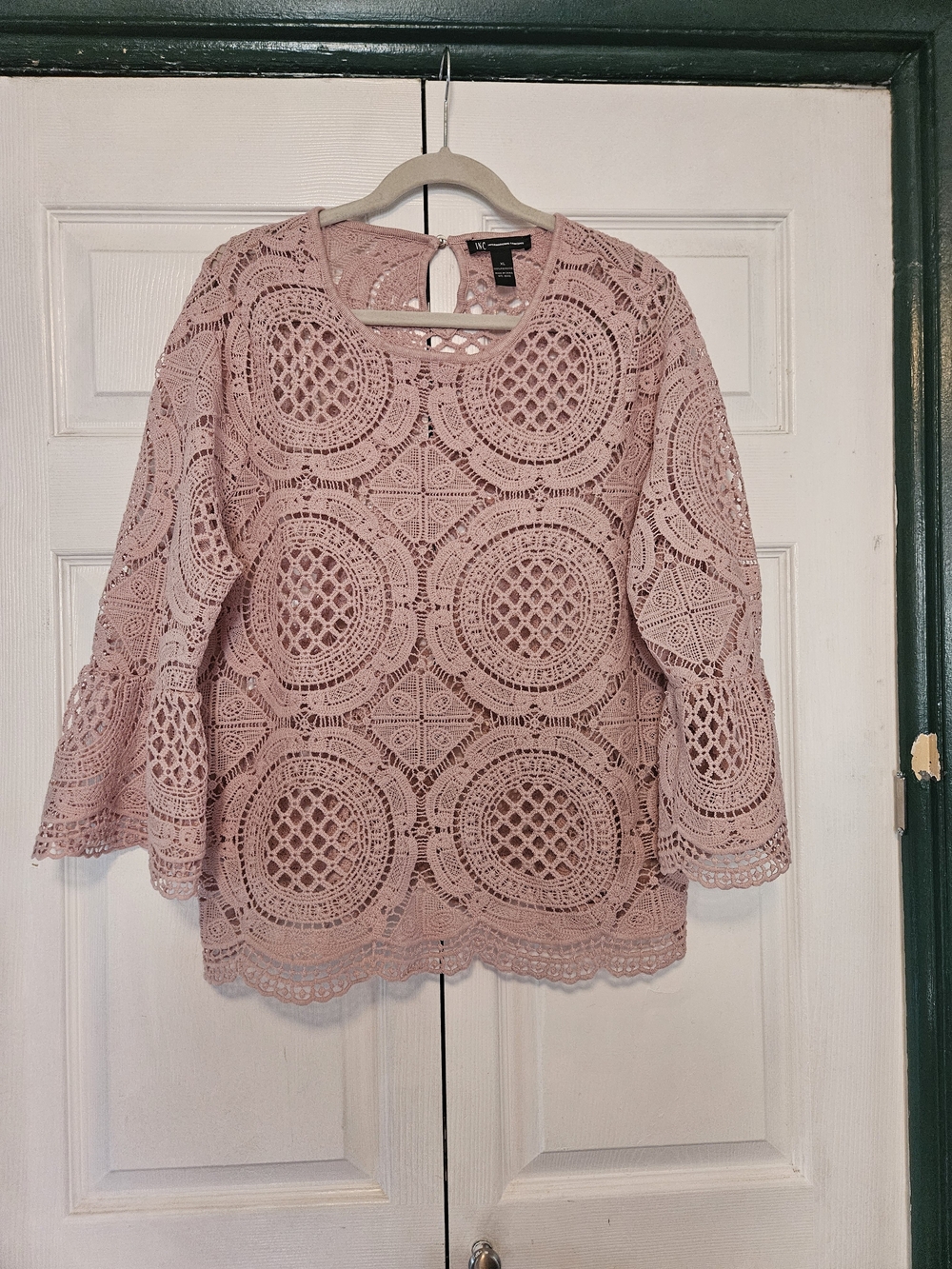 INC International Concepts Dusty Pink Crochet Bell-Sleeve Top